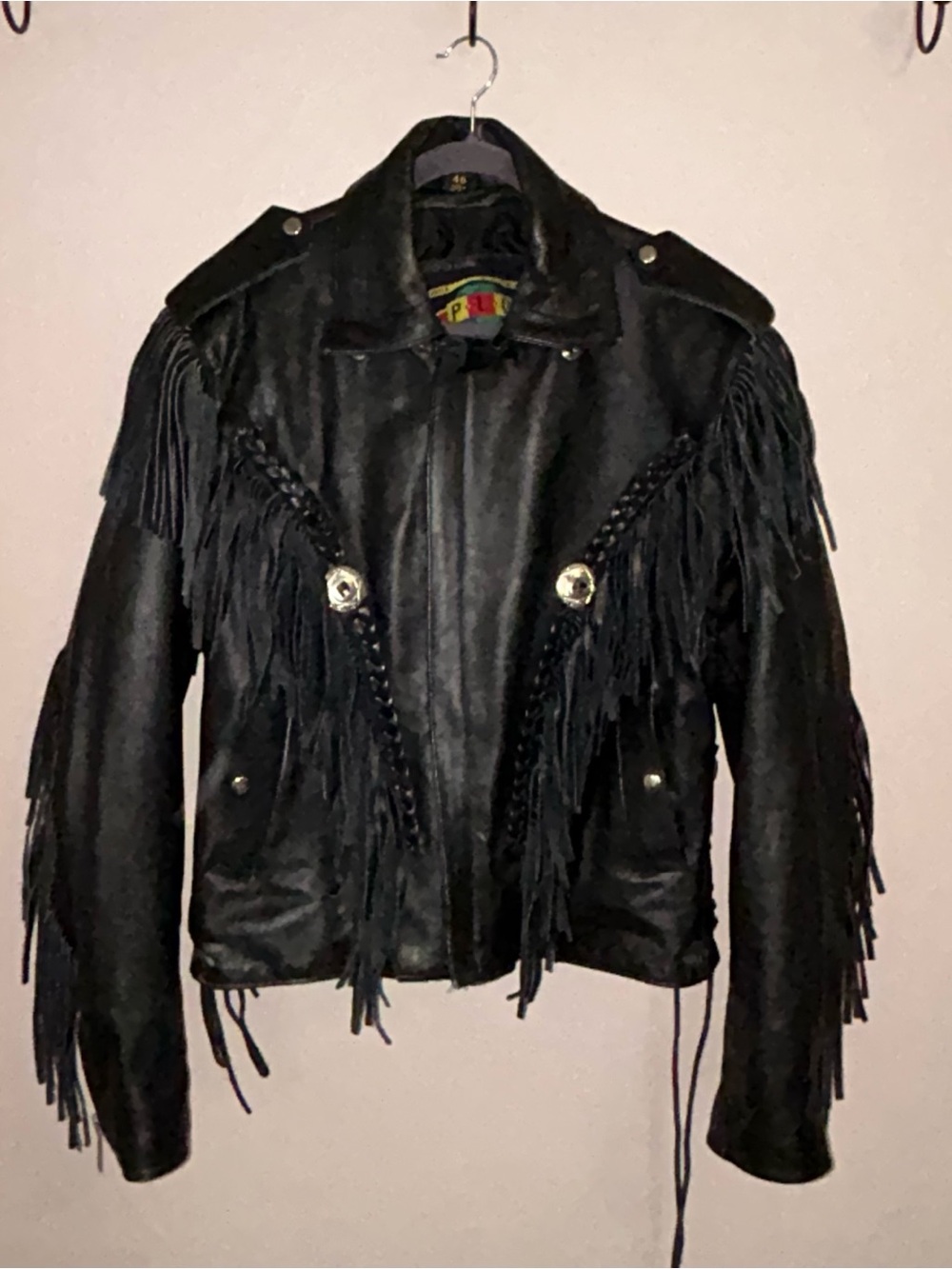 Vintage PLG Black Leather Fringe Motorcycle Jacket Mens 46 Western Concho Biker